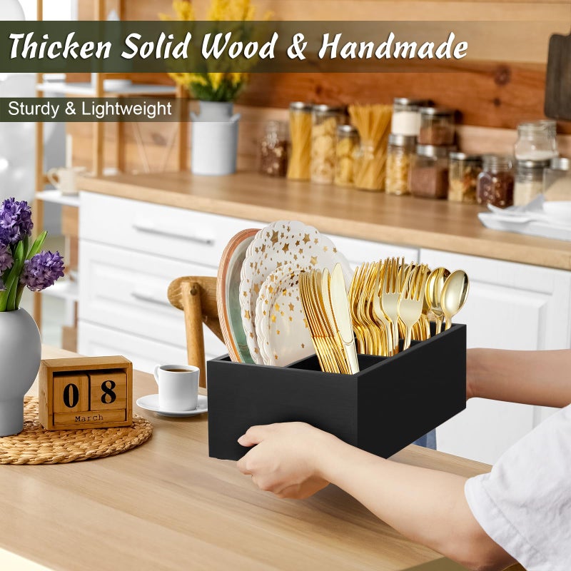 DRASTAR Paper Plate Dispenser  Wooden Utensil Caddy Organizer  Large Silverware Holder for Party  Black Paper Plate Organizer  Kitchen Utensil Caddy for Party Picnic Camping - Image 2